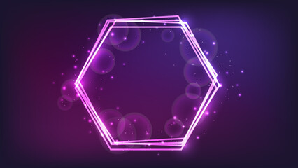 Neon hexagon frame with shining effects and sparkles