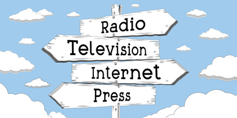 Radio, television, Internet, press - outline signpost with four arrows