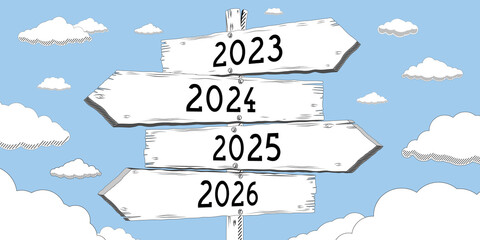 2023, 2024, 2025, 2026 - outline signpost with four arrows