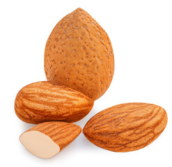 Almonds isolated on white background. Almond nut raw piece collection set.