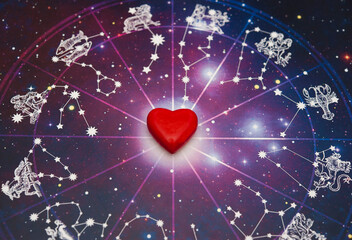zodiac signs with horoscope and constallation of stars and with red heart like astrology and romantic love and Valentine concept  - obrazy, fototapety, plakaty
