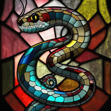 Stained glass window with snake. Generative AI. Not based on any