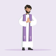 Young priest praying with hands together and dressed with alb and purple stole