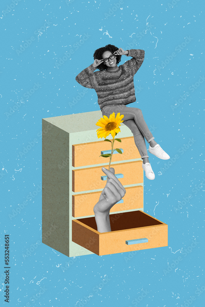 Poster artwork magazine collage picture of happy smiling lady sitting chest of drawers getting arm flower i