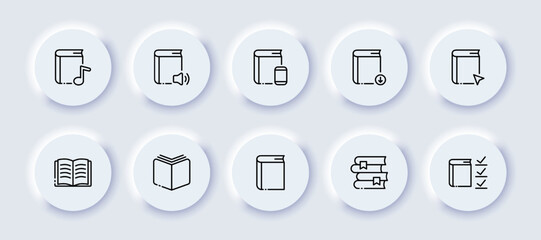 Books neomorphic line icon set. Book, printed edition, study, knowledge, color, education, school, bookmark, student, student, work. knowledge concept. Vector neomorphic black line icon set