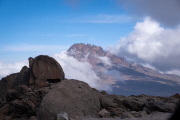 Mawenzi peak with blue skies. Kilimanjaro mountain. 