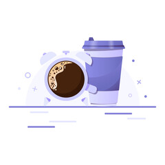 Paper coffee cup with alarm clock. Takeaway coffee, coffee to go, coffee shop, good morning concept