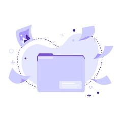 Paper Folder with documents. File Folder with flying papers. Flying paper sheets and pictures or photo in frame. Office work, planning, time management, schedule and online education concept