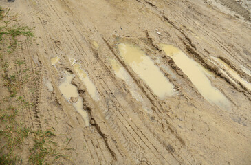 Mud and puddle at dirt road. Deep, impenetrable mud. Danger of getting stuck.