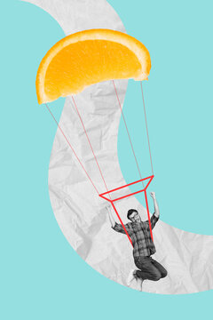 Artwork magazine collage picture of happy smiling funny guy flying orange parachute isolated drawing background
