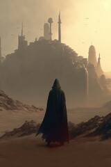 illustration num&eacute;rique d'un homme de dos avec une capuche devant une ville fantastique du d&eacute;sert