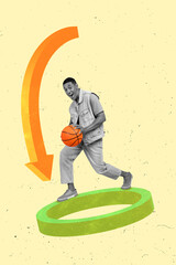 Vertical collage portrait of excited cheerful black white gamma guy hold basketball big drawing...