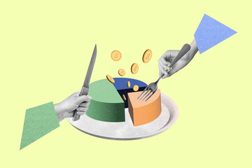 Creative collage image of two black white gamma hands hold knife fork cut eat money coin diagram cake plate isolated on drawing background - Powered by Adobe