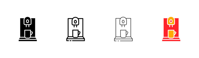 Coffee machine flat icons set. Package, grain, boiling water, coffee, drink, coffee house, conversation, espresso, coffee grounds, cappuccino, nature. food concept. Vector flat and black line icon set