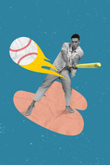 Vertical collage picture of black white effect guy hold baseball bat shoot ball flame fire isolated on creative background