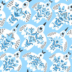 Fototapeta premium Folk pattern birds for print design. Traditional Scandinavian and Slavic ornament. Vector ethnic background in boho style for textile, fabrics and any surface design.