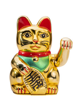 Maneki-neko money cat on white PNG File, lucky cat glitter gold is mean welcoming more money and gold, good luck good fortune to the owner.