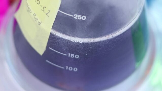 Violent chemical reaction of neutralization of a formic acid solution with soda, carbon dioxide gas is released, the indicator dye changes its color from blue to red in a conical flask.