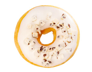 Donuts dough with icing sugar and white chocolate on white background PNG File.