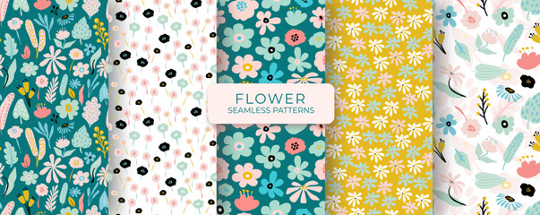 Flower seamless pattern set with abstract modern florals. Collage style print design collection with hand drawn flowers in pastel colors. Simple field floral patterns for packaging, fabric design.