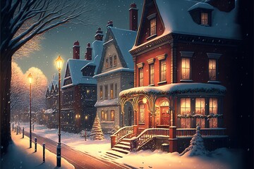 Cozy Christmas City in Winter Night Time with Buildings and Street Warm Lights Generative AI