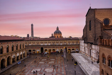 Top view from the drone of the Piazza Maggiore in the city of Bologna at sunset. Best city in Italy Europe in 2022