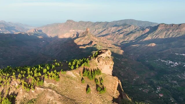 Aerial drone view of the roque nublo. volcanic landscape of Gran Canaria, Canary Islands Spain