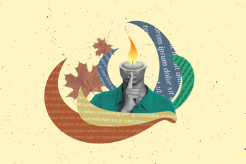 Creative 3d photo collage artwork graphics painting of guy candle instead head asking shut up...