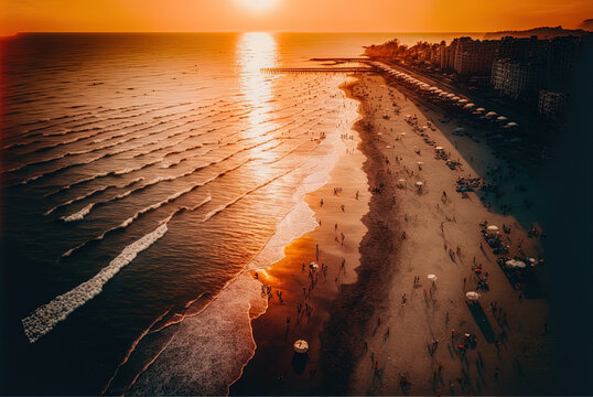 Drone Footage Shows People Swimming And Lounging On A Beach Near Batumi, Georgia, At Sunset Over The Black Sea. Generative AI