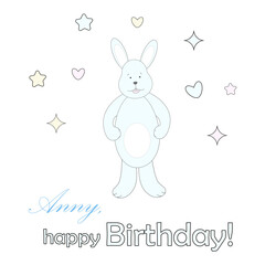 A very delicate birthday card with a blue rabbit, a bunny on a white background. Vector illustration