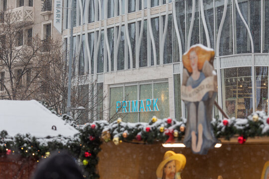 PRAGUE, Czech Republic &ndash; DECEMBER 12th 2022: Primark sign with Christmas themed decorations in foreground
