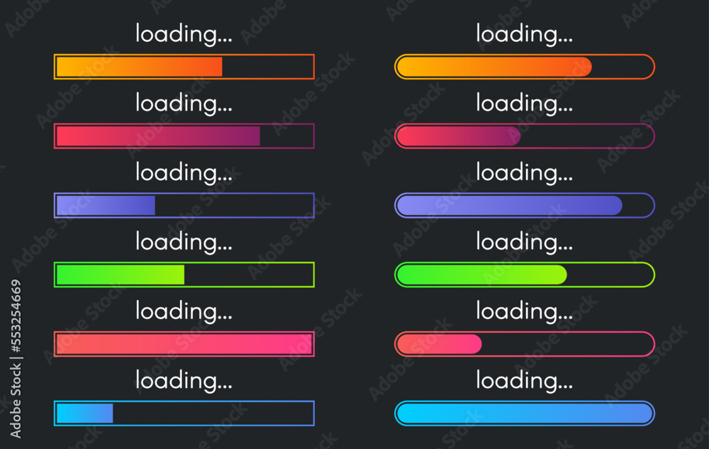 Poster loading bar set on dark background. modern design element collection in different gradient colors. h