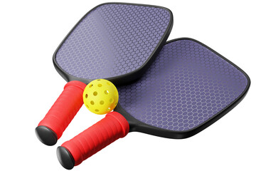 A ball with holes for a pickleball and two paddle rackets on a  transparent background. 3d rendering