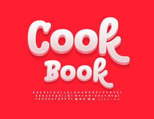 Vector bright sign Cook Book. Playful White 3D Font. Creative handwritten Alphabet Letters, Numbers and Symbols