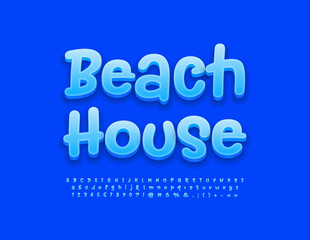 Vector blue Emblem Beach House. Stylish Handwritten Font. Bright Modern Artistic Alphabet Letters and Numbers set