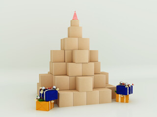Obraz premium HAPPY NEW YEAR! Christmas tree made of kraft boxes. Ecology project. Recycling concept. Christmas concept.