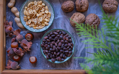 Walnuts, peanuts, hazelnut, pine nuts. Healthy super food