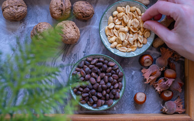 Walnuts, peanuts, hazelnut, pine nuts. Healthy super food