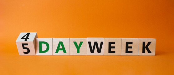 4 vs 5 work week symbol. Turned wooden cubes with words 4 vs 5 work week. Beautiful orange background. Business and 4 vs 5 week work concept. Copy space