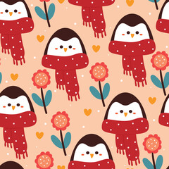 seamless pattern cartoon penguin and flowers. cute animal wallpaper for gift wrap paper