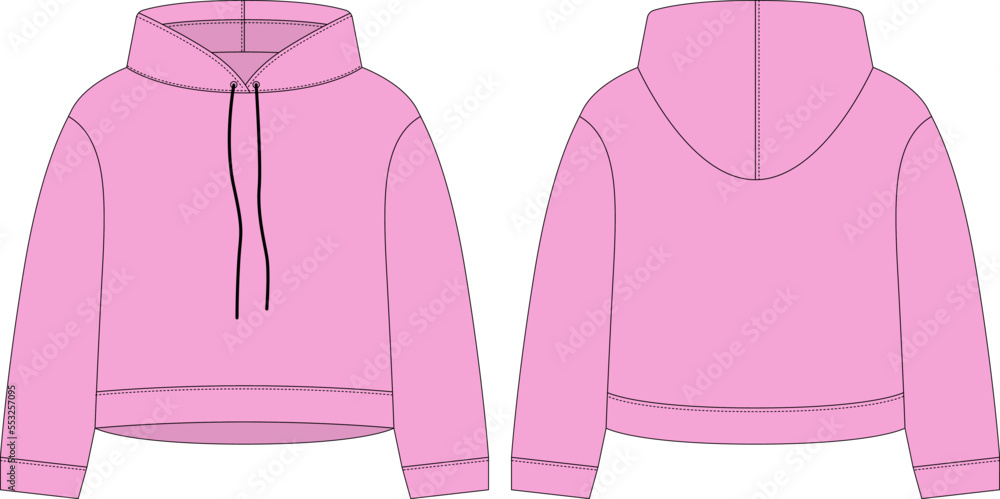 Wall mural Women crop hoodie technical sketch. Pink color. CAD mockup template hoody. - Wall murals