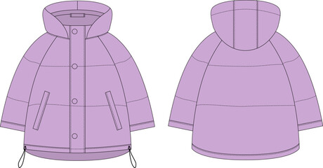 Ooversized raglan puffer winter down coat technical sketch. Pastel purple color. © smth.design