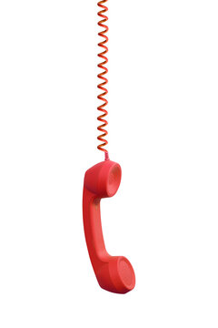 Red vintage phone receiver with a cord hanging, isolated on transparent background, png file