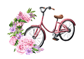 Bicycle with bouquet of flowers. Hand drawn watercolor illustration, isolated on white  background