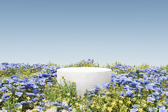 Abstact 3d render spring scene and Natural podium background,  White stone podium on the colorful flowers field, backdrop blue sky for product display advertising or etc