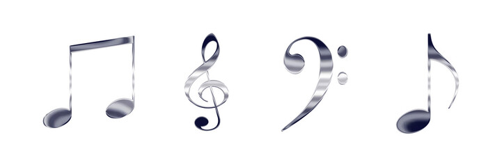 Set of music notes and symbols,  shiny silver metal icons isolated on transparent background, png...