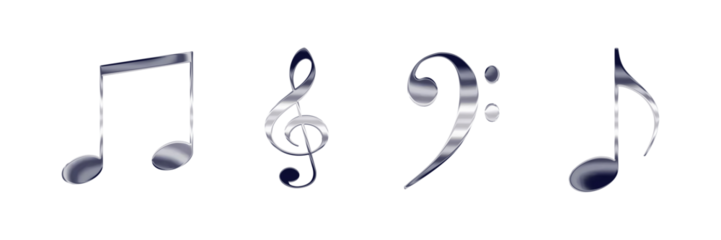 Set of music notes and symbols, 3D shiny silver metal icons isolated on transparent background, png file