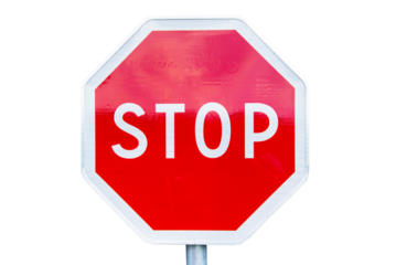 Stop road sign photo isolated on white or transparent background, png cut out, crisis or shutdown symbol