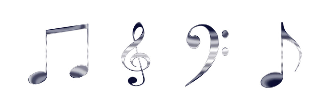 Set of music notes and symbols,  shiny silver metal icons isolated on transparent background, png file