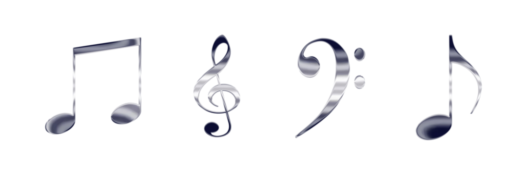 Set of music notes and symbols, 3D shiny silver metal icons isolated on transparent background, png file - Powered by Adobe